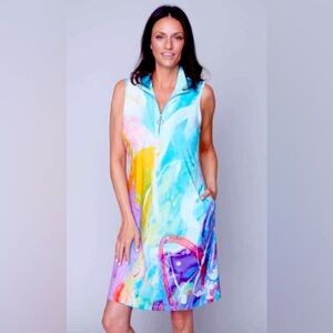 CLAIRE DESJARDINS Sz M Maya Abstract 100% Linen Over the Knee Unlined Dress